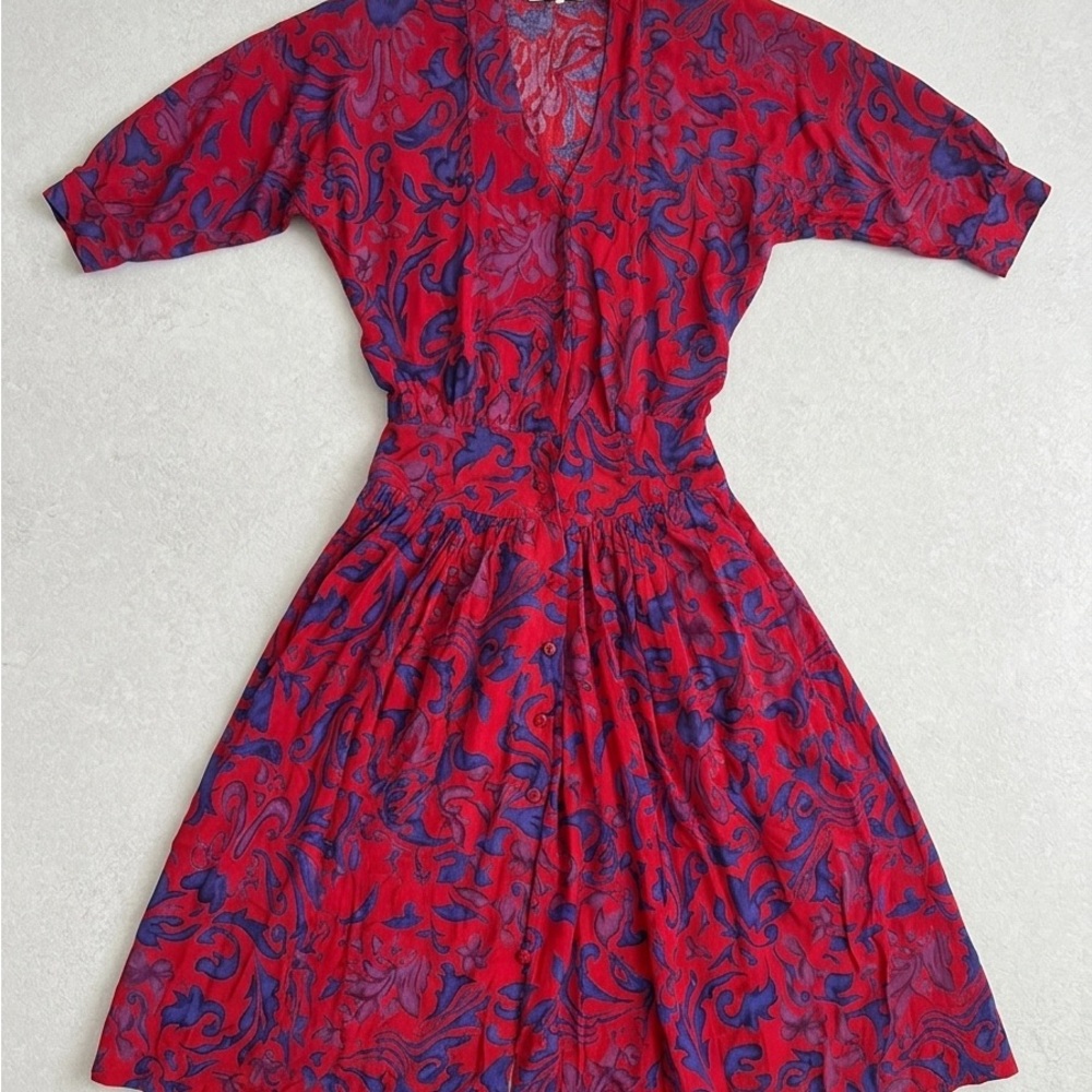 Vintage 1970s Moonglow Red and Blue Long Sleeve Dress